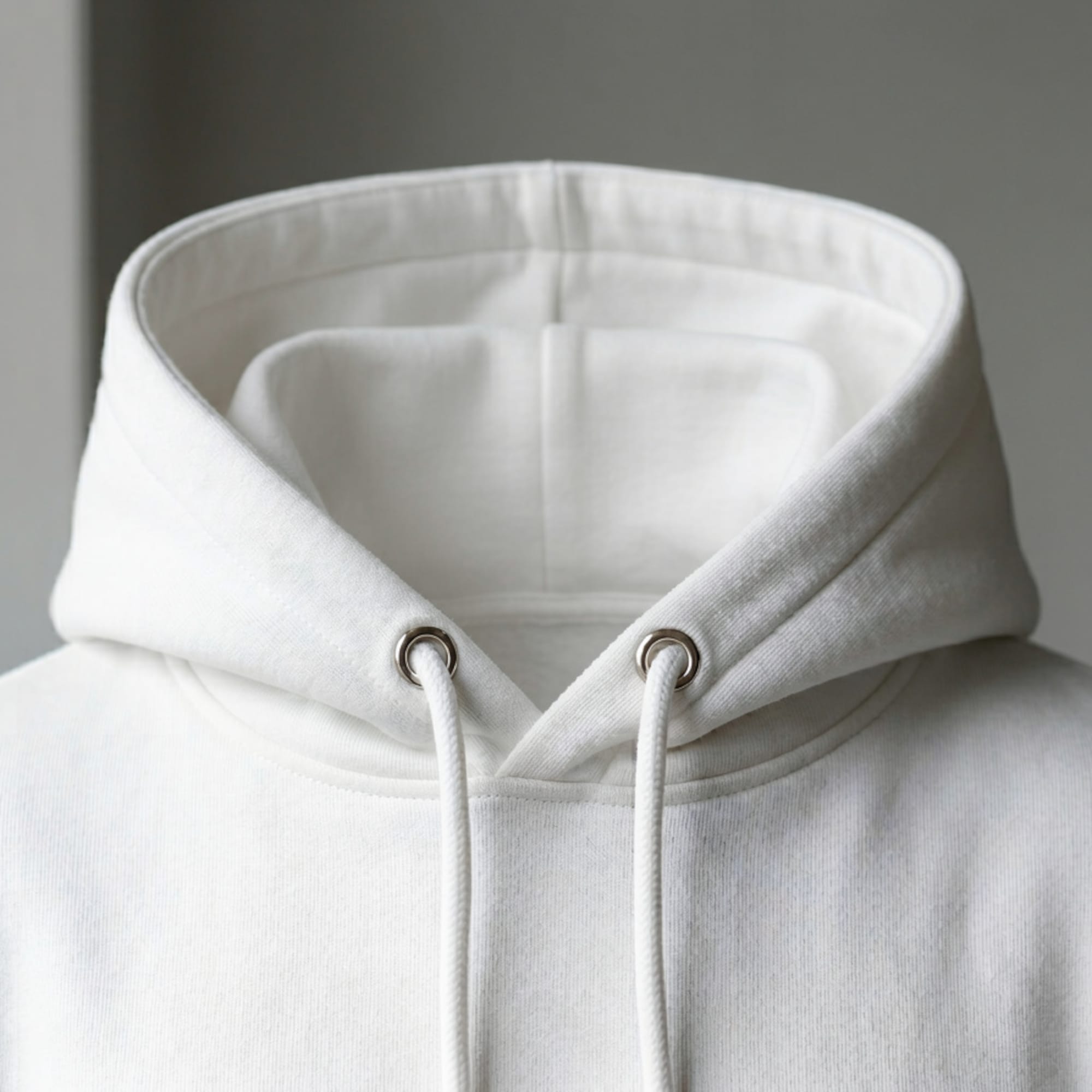 Gros plan détaillé sur le col et la capuche à double structure d'un hoodie en molleton de coton blanc premium. Focus sur les œillets métalliques et le cordon de serrage, soulignant les finitions de haute qualité Mister Felpatee.