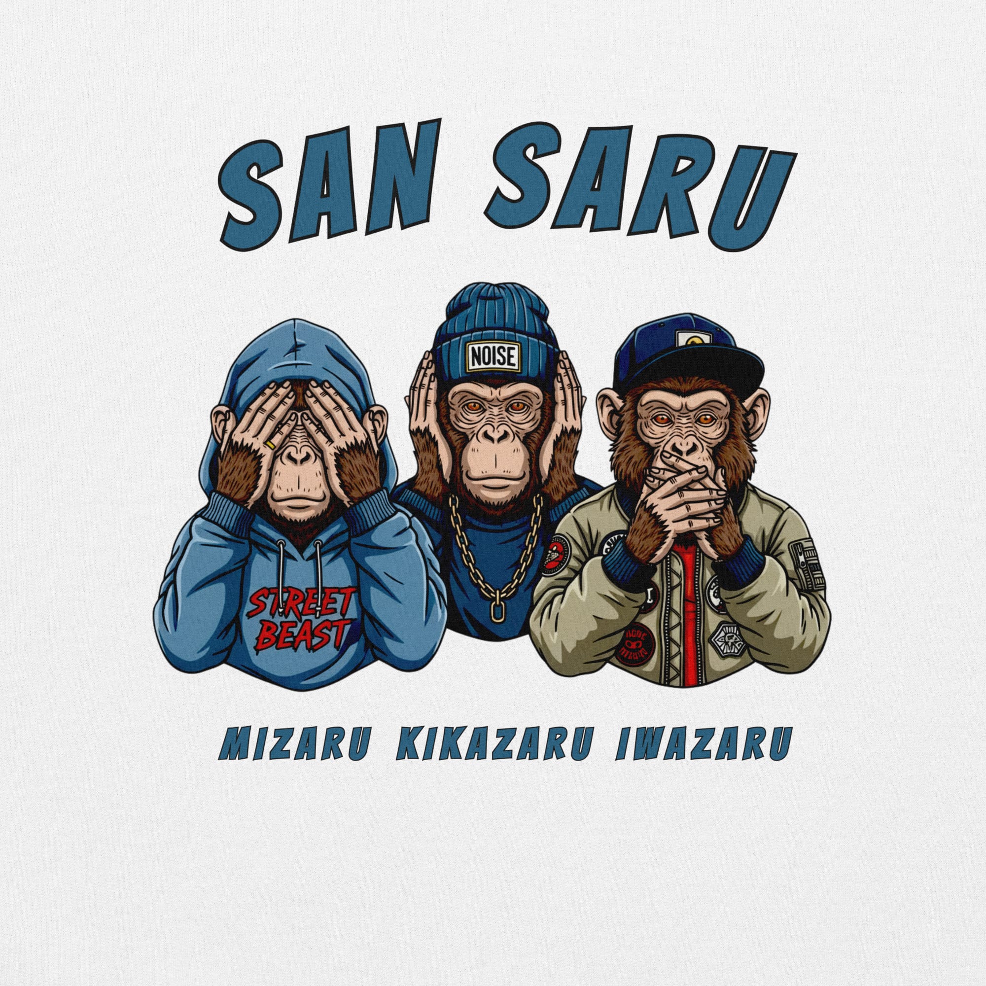 Design original San Saru - Les trois singes de la sagesse version La Meute Felpatee. Design exclusif de singes sur coton bio ou  premium. Cadeau idéal pour amoureux des animaux au style unique.