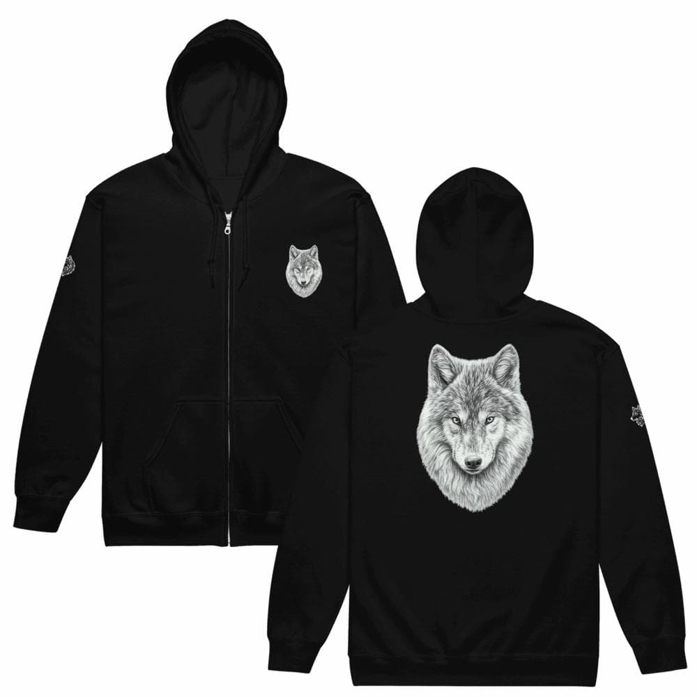 Flat lay sur fond blanc présentant les vues avant et arrière du Hoodie Zippé Alpha noir Instinct Émeraude. Une pièce éco-responsable au design exclusif by Mister Felpatee avec une illustration de loup détaillée et finitions premium.