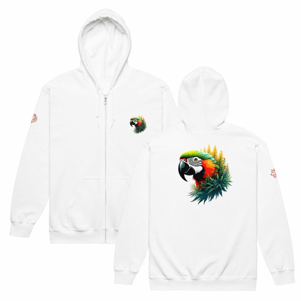 Vue de dos et de face du Hoodie Zippé Alpha blanc avec le design Perroquet Ara