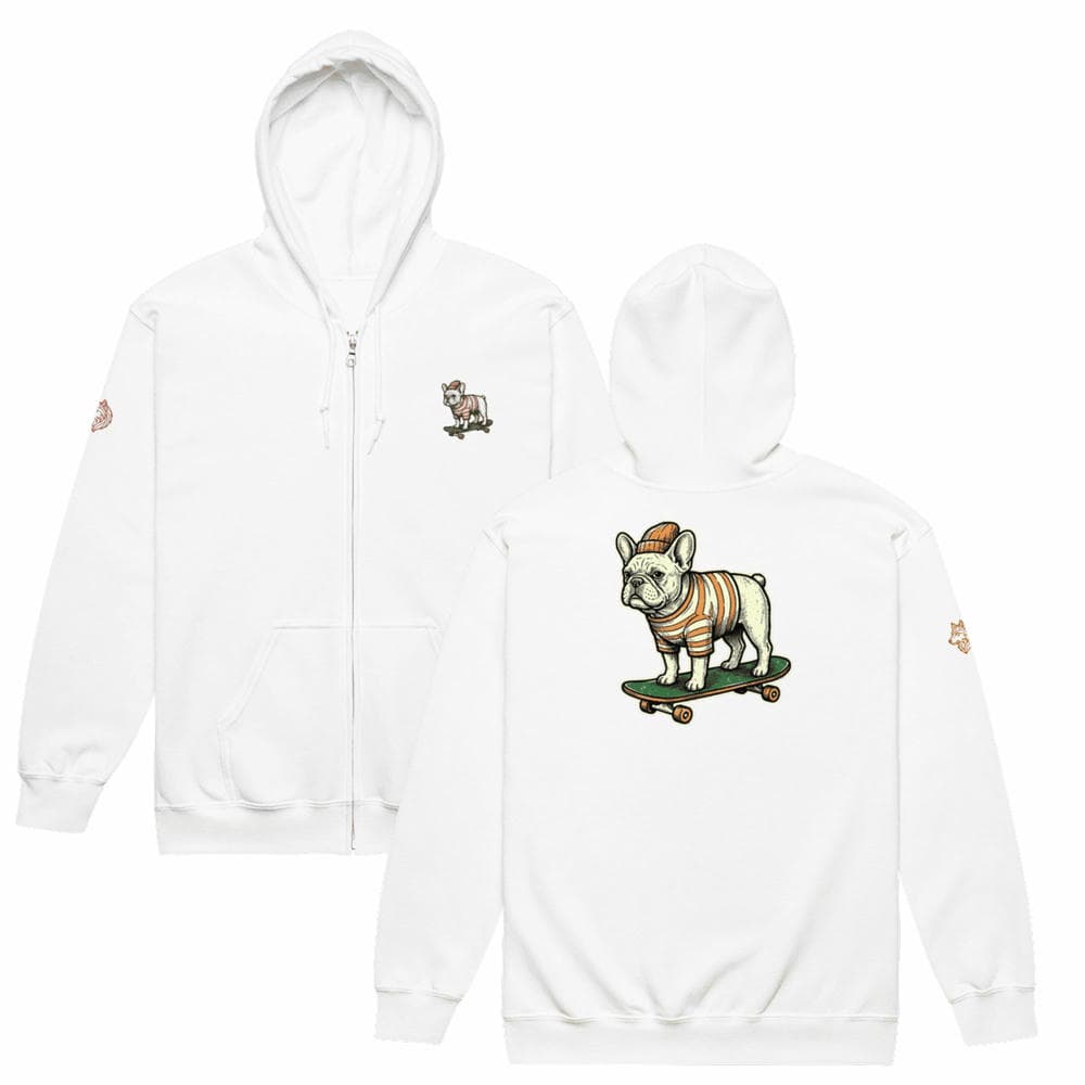 Flat lay sur fond blanc montrant les perspectives avant et arrière du Hoodie Zippé Alpha blanc Bouledogue De Rue. Une pièce éco-responsable haut de gamme dotée d'un design exclusif by Mister Felpatee représentant un bouledogue stylisé sur fond urbain.