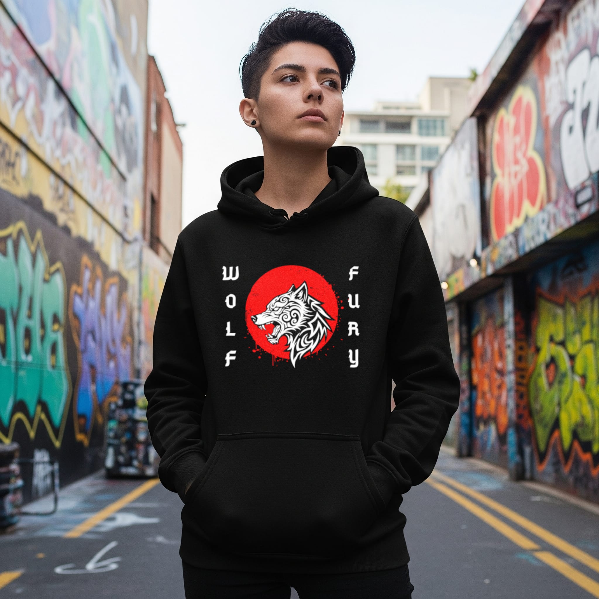femme portant hoodie wolf fury de chez felpatee