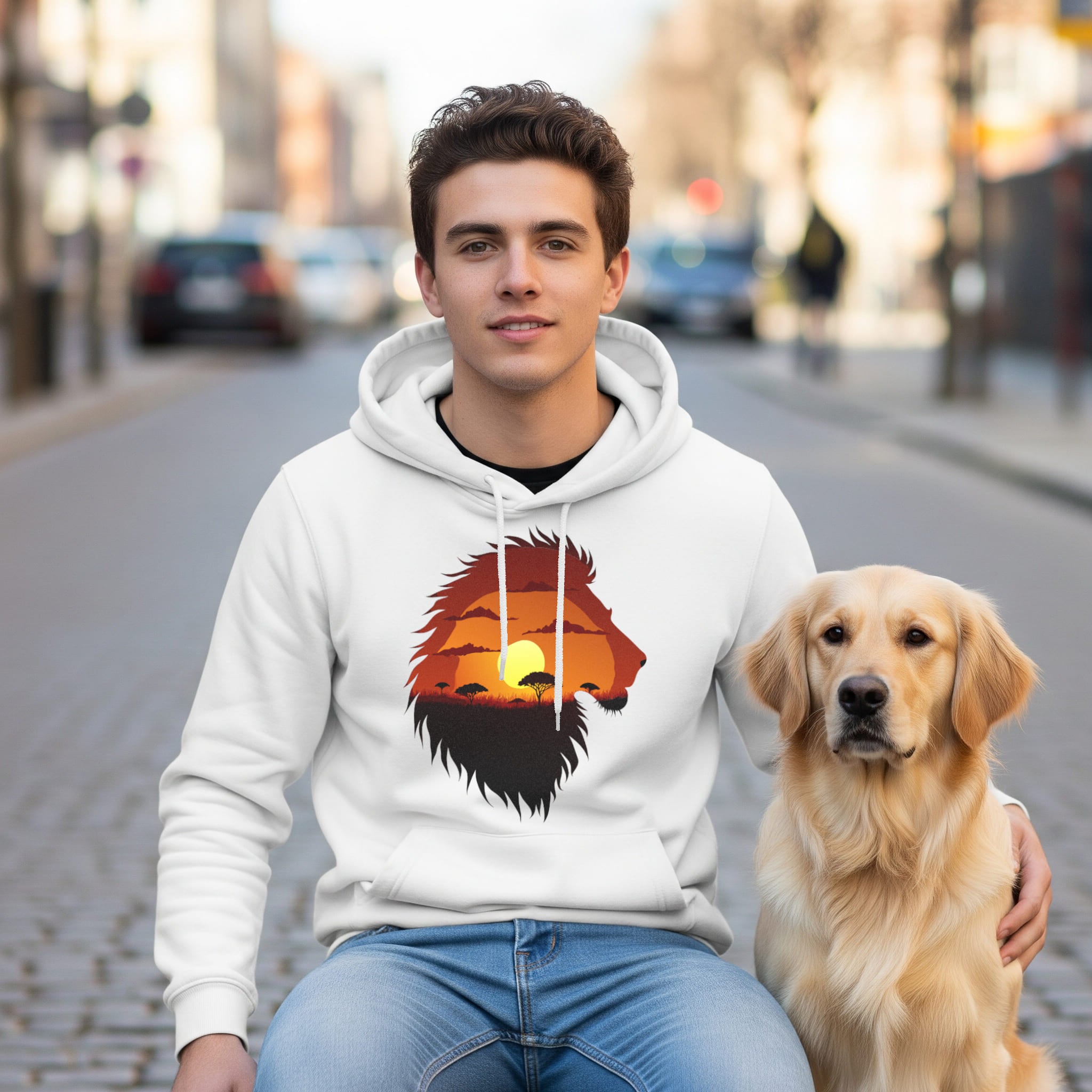 jeune homme portant un hoodie blanc avec un portrait de lion et à l'intérieur montrant la savane