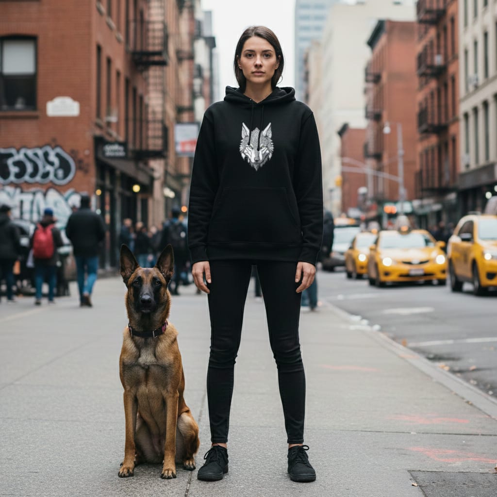 femme portant hoodie noir bio avec le design loup gardien runique