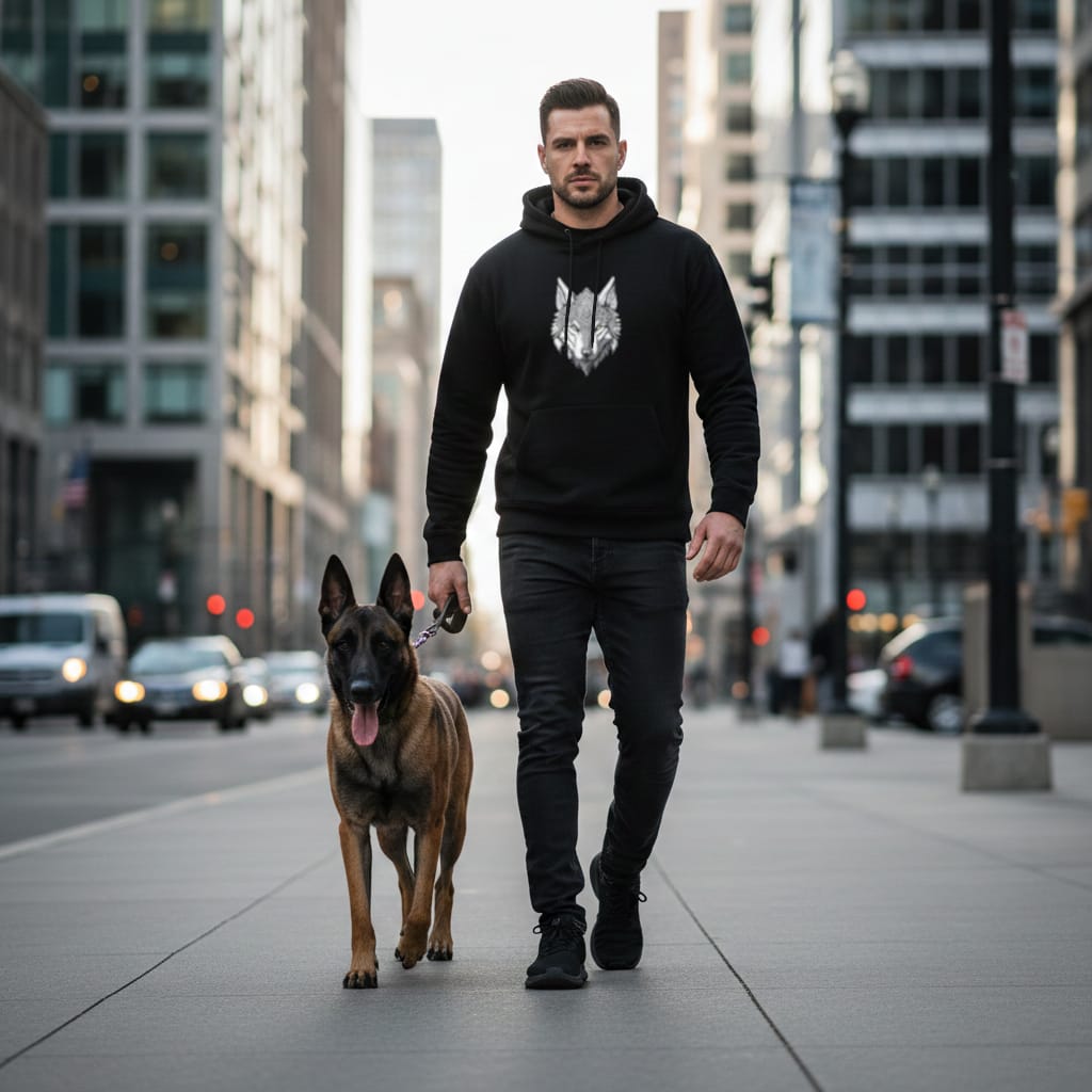 homme portant hoodie noir bio avec le design loup gardien runique