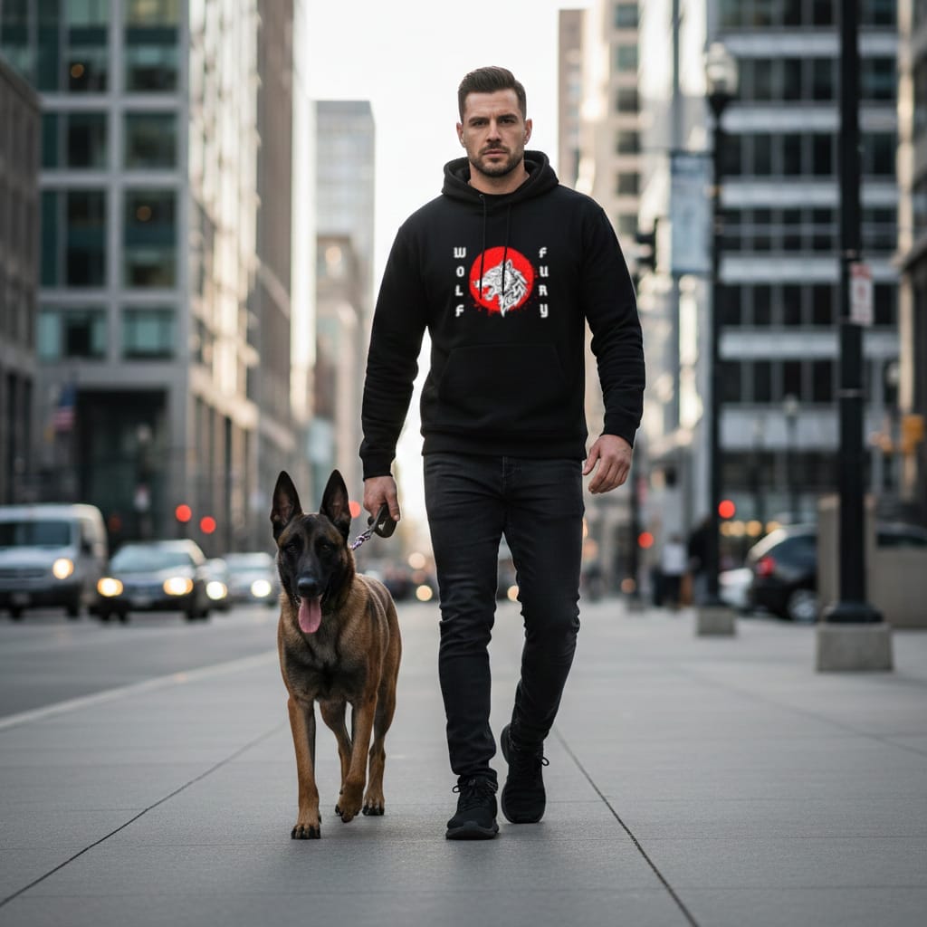 homme portant hoodie noir bio avec le design wolf fury