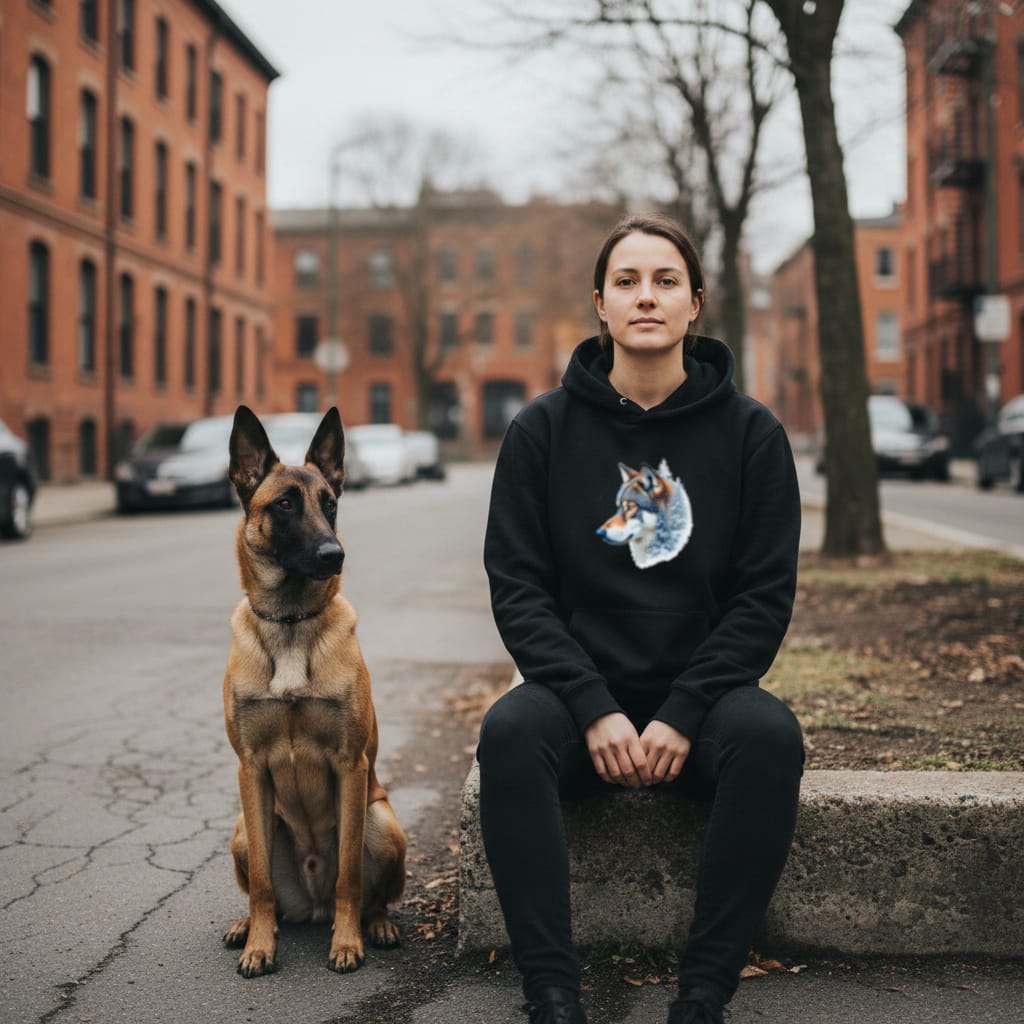 femme portant hoodie noir avec design wolf forest original