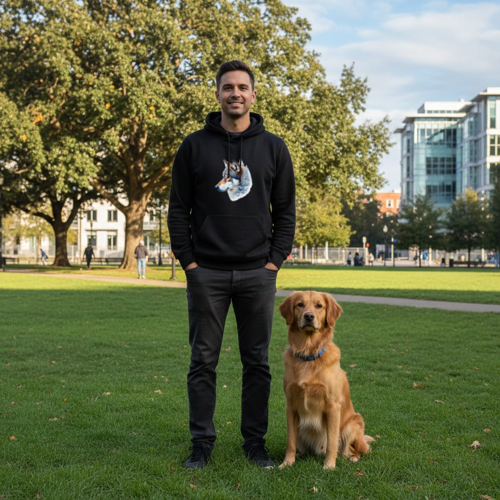 homme portant hoodie noir avec design wolf forest original