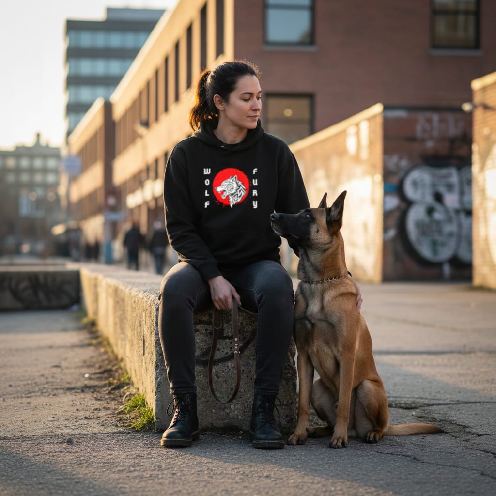 femme portant hoodie noir bio avec le design wolf fury
