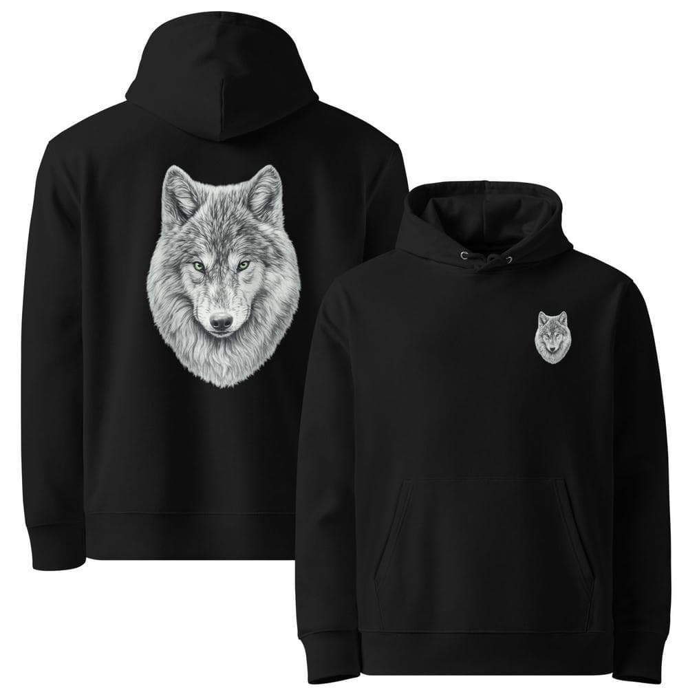 Composition flat lay montrant les deux faces du Hoodie Prestige noir Instinct Émeraude. Design exclusif by Mister Felpatee en matière bio premium, garantissant une pièce haut de gamme et éthique.