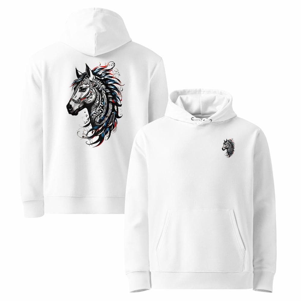 Vues de face et de dos du hoodie Prestige blanc, mettant en valeur le design Esprit Tribal Équin intégral 360°. Finitions de haute qualité Mister Felpatee.