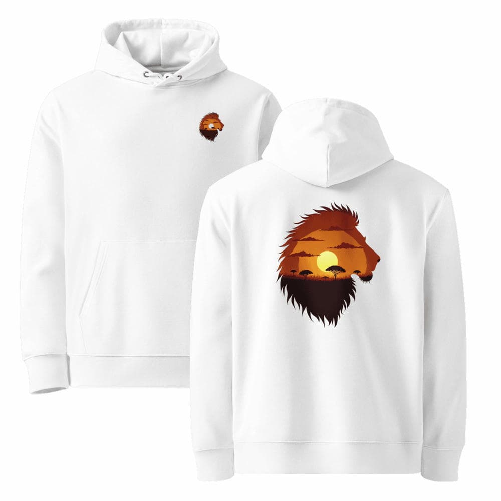 Hoodie prestige blanc vue de face et de dos avec le design Lion Sunset