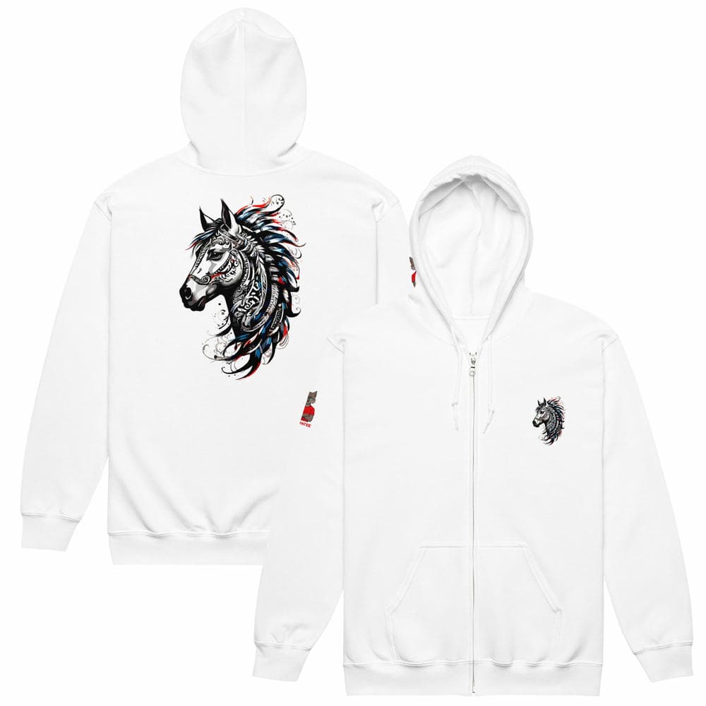 Vues de face et de dos du Hoodie zippé Alpha blanc, révélant le design équin tribal intégral. Finitions exclusives Mister Felpatee.