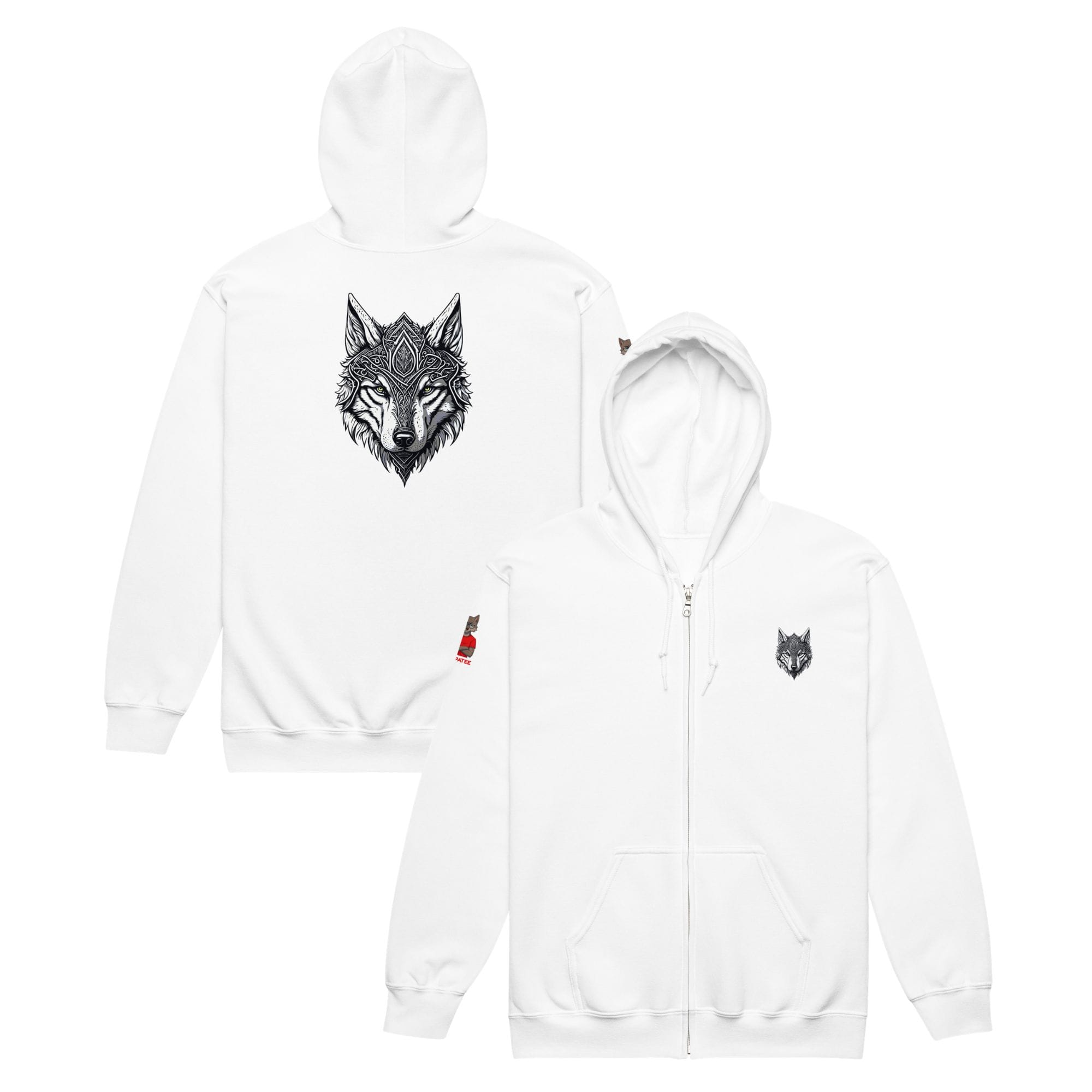Vues de face et de dos du Hoodie zippé Alpha blanc sur fond neutre, présentant le design Loup Gardien Runique intégral. Finitions Mister Felpatee.
