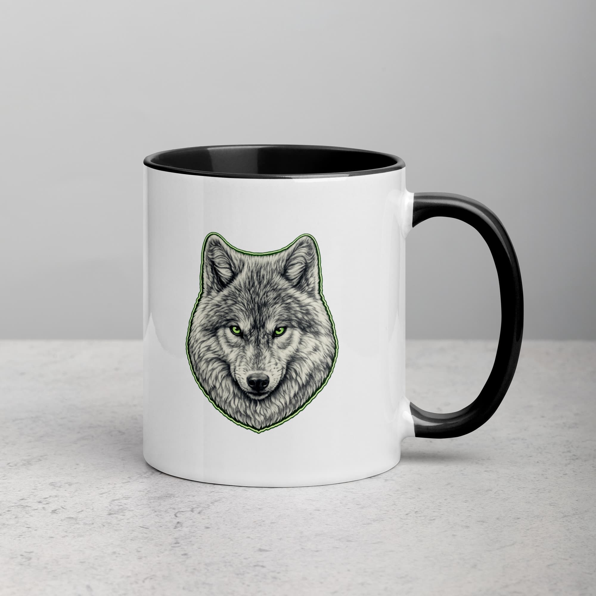 Joli mug bicolore blanc et noir avec impression d'un loup alpha au regard perçant