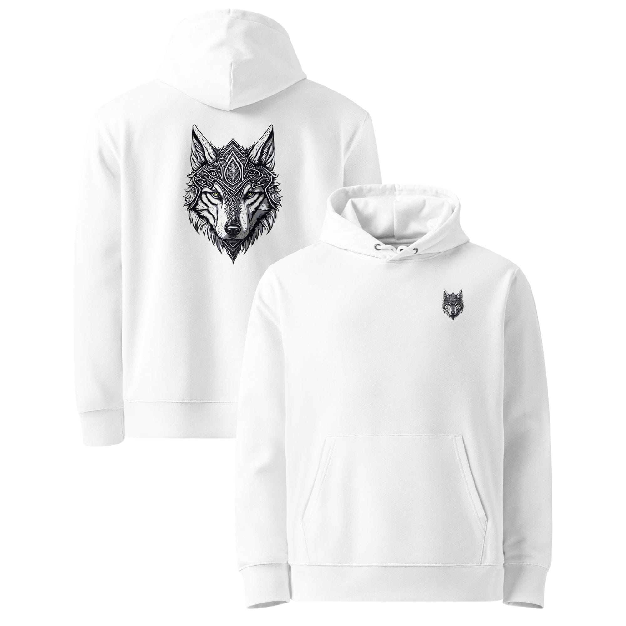 Présentation studio face et dos du hoodie Prestige blanc, mettant en valeur le design Loup Gardien Runique intégral 360°. Qualité supérieure.