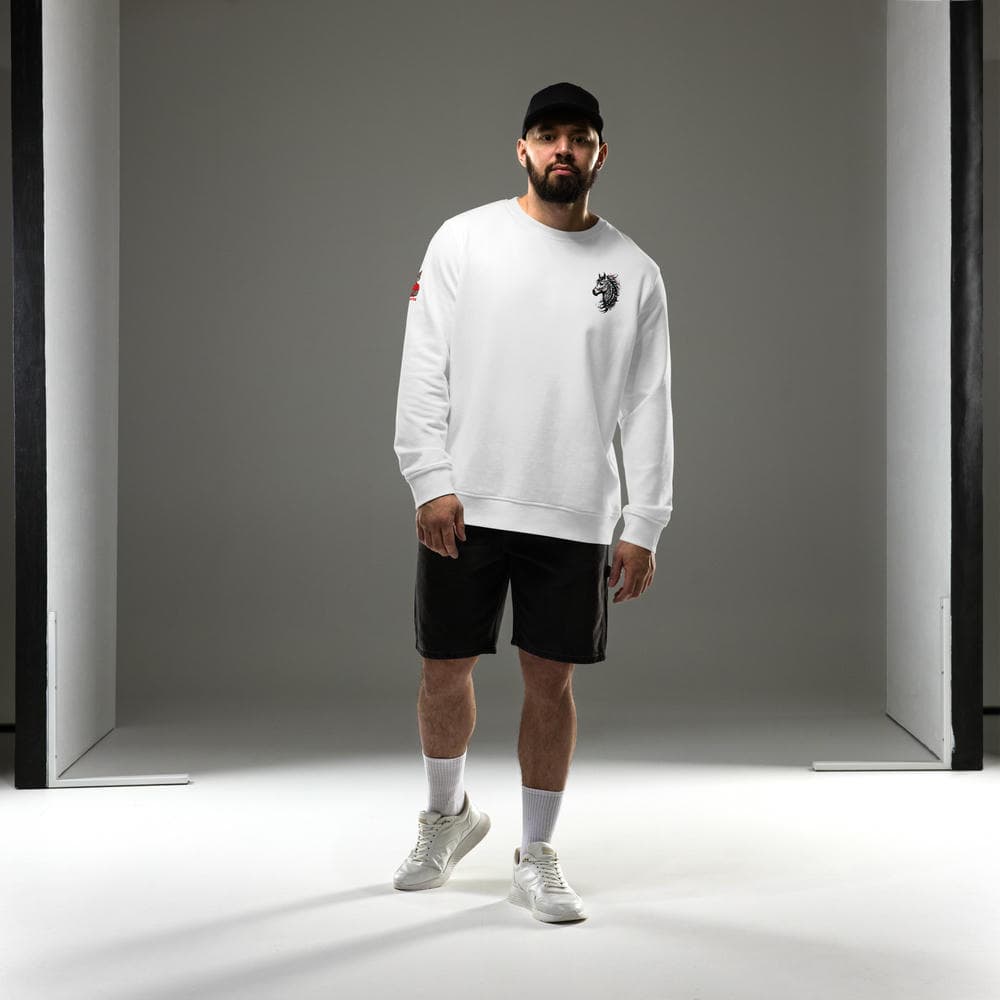 Homme en tenue streetwear complète portant le sweat col rond Alpha blanc. Vue de face montrant le design minimaliste Esprit Tribal Équin côté cœur. Look exclusif Mister Felpatee.
