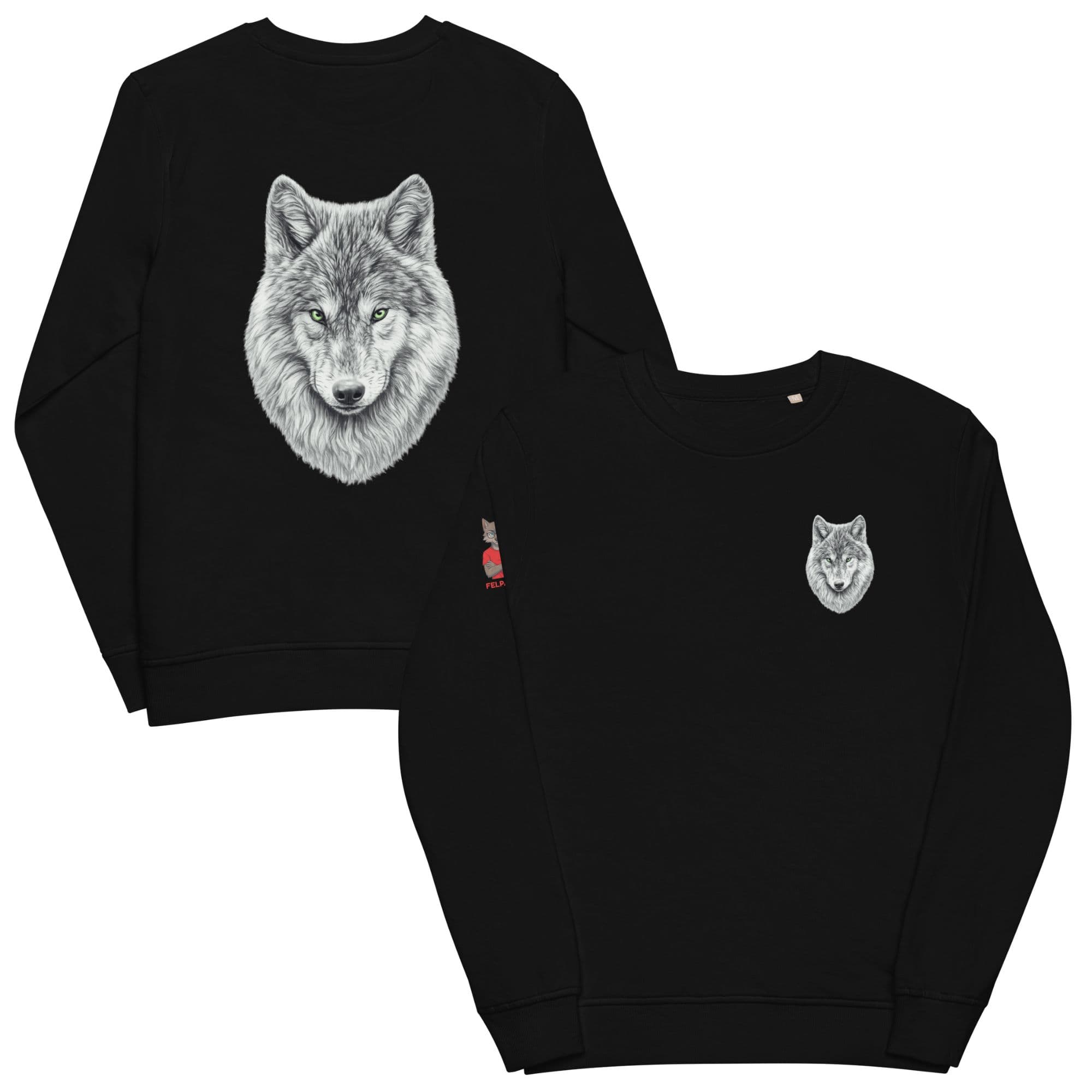 Flat lay présentant le Sweat Alpha noir Instinct Émeraude avec focus sur le design avant et le Sceau de la Meute sur la manche. Matière bio premium pour une pièce de collection élégante et éco-responsable.