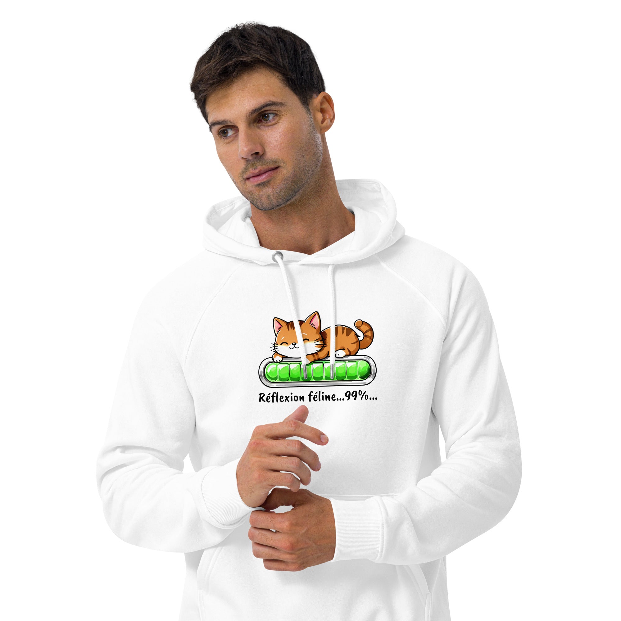 sweat-capuche-durable-homme-blanc-chat-réfléchît