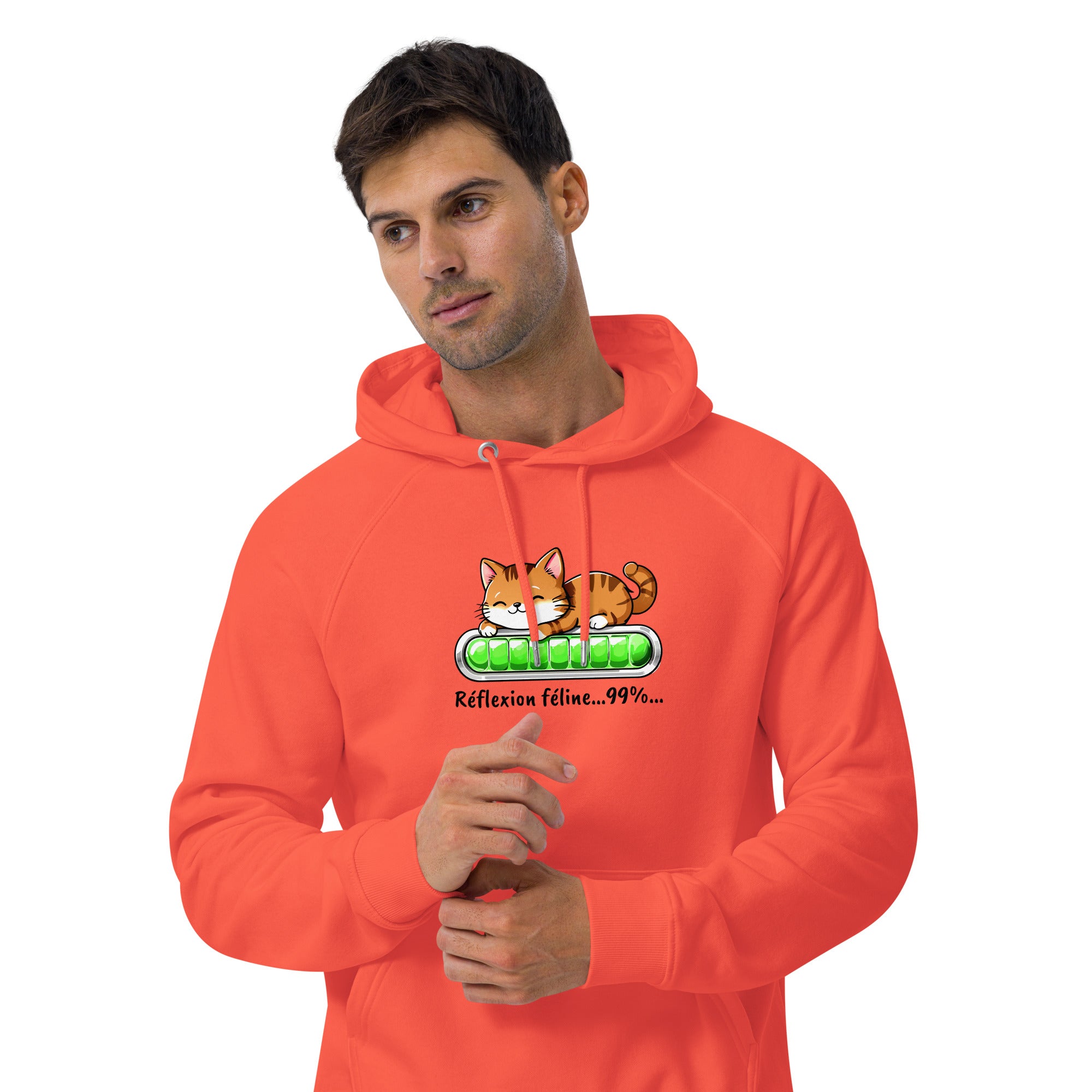 sweat-capuche-durable-homme-orange-chat-réfléchit