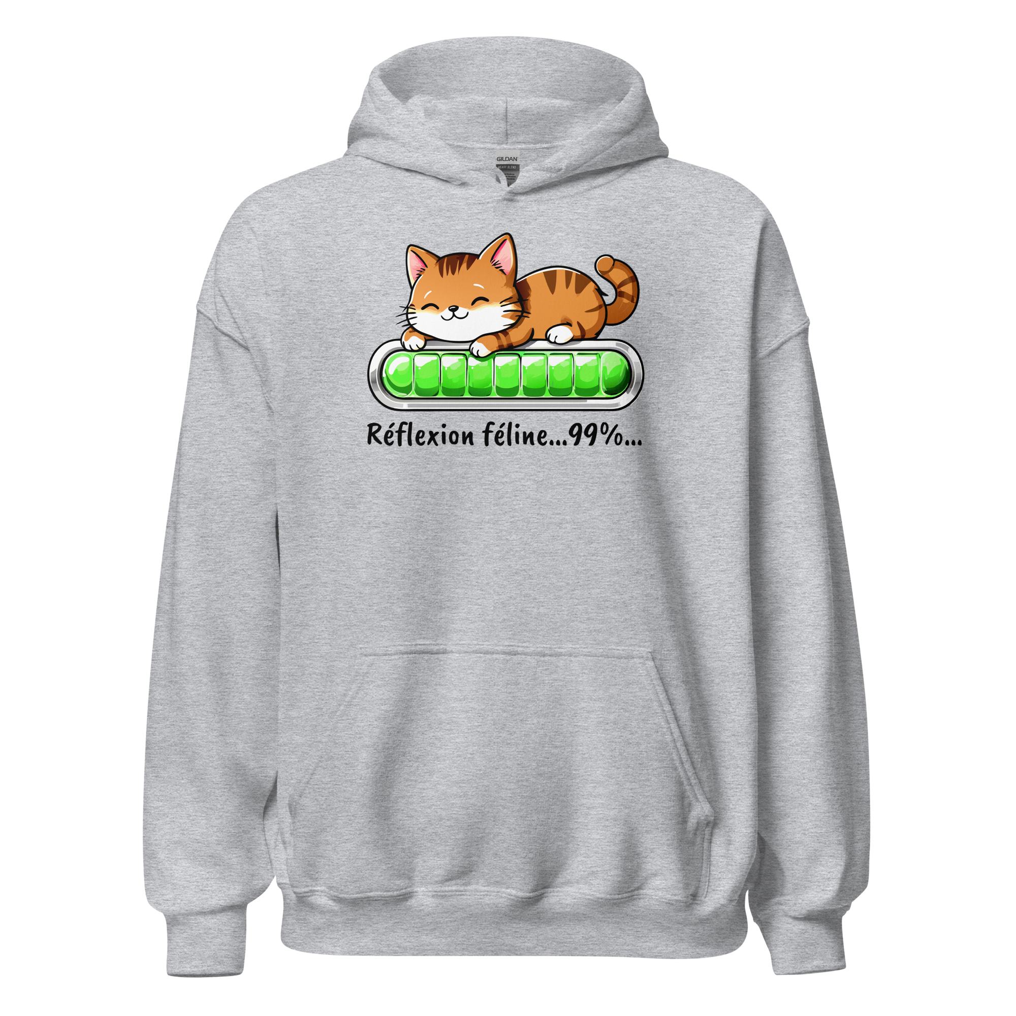 sweat capuche unisexe gris clair motif chat réfléchit