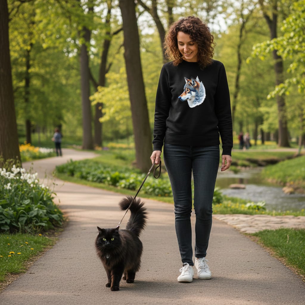 femme portant sweat bio noir avec design wolf forest orignal