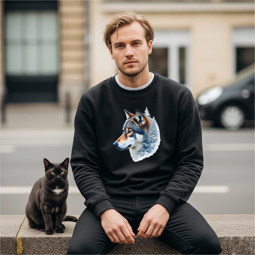 homme portant sweat bio noir avec design wolf forest orignal
