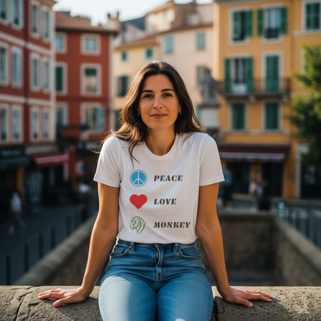 t-shirt bio femme blanc peace love monkey