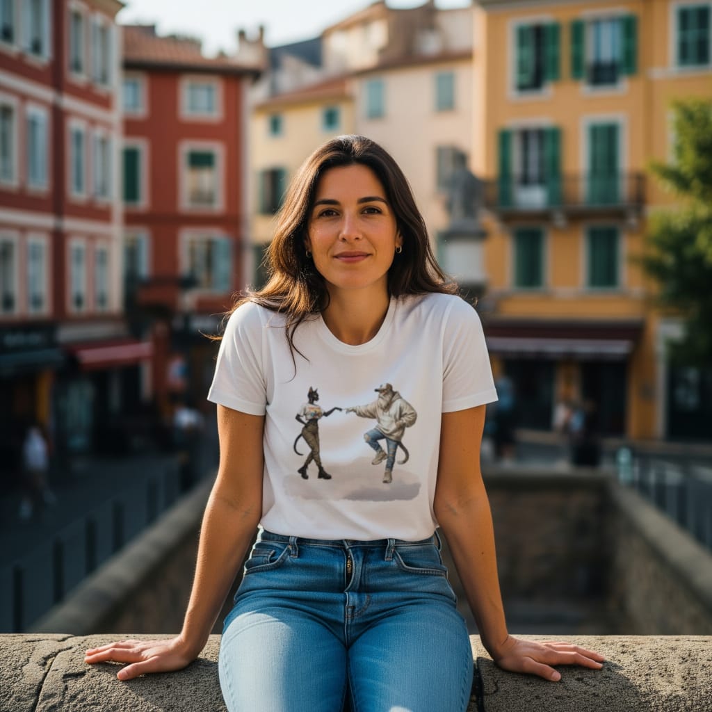 Coupe structurée du t-shirt Bio The Divine Feline porté par une femme