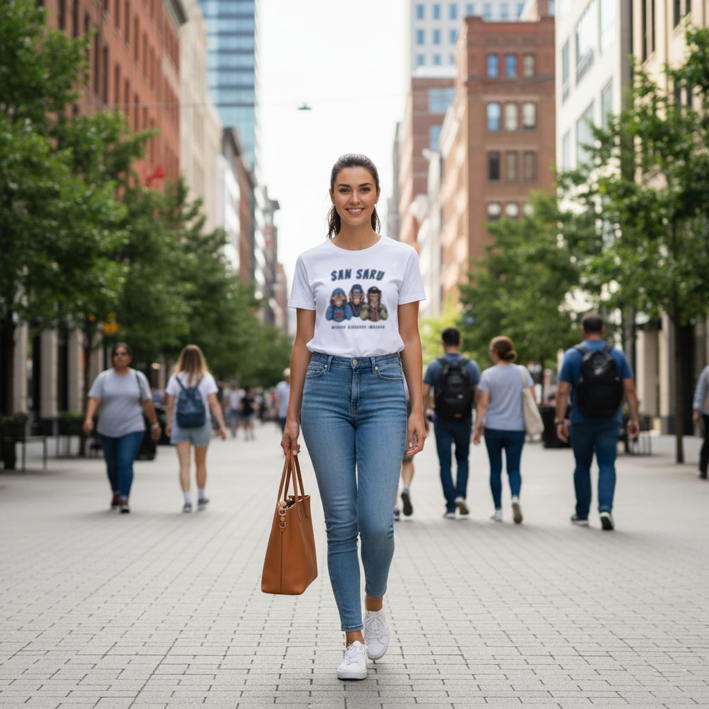 Femme portant un t-shirt blanc avec le design San Saru