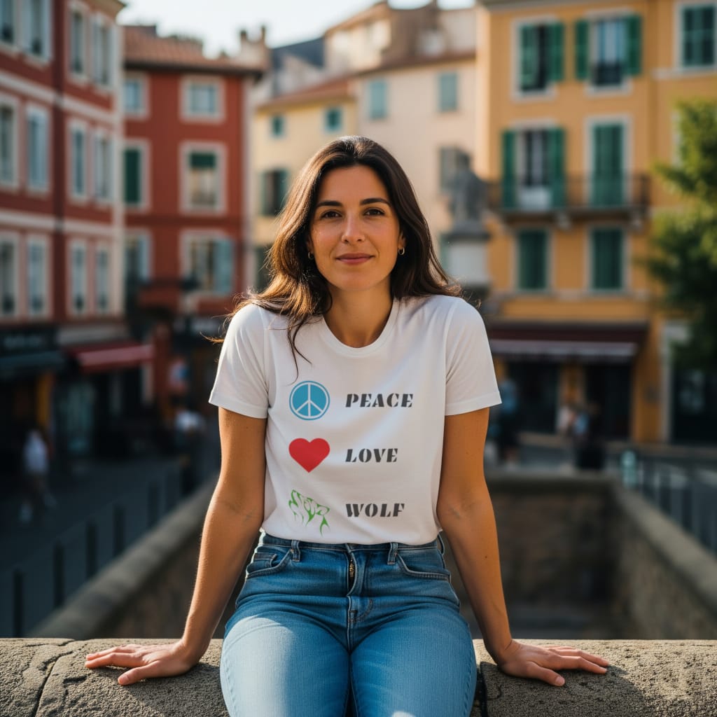 t-shirt bio femme blanc peace love wolf