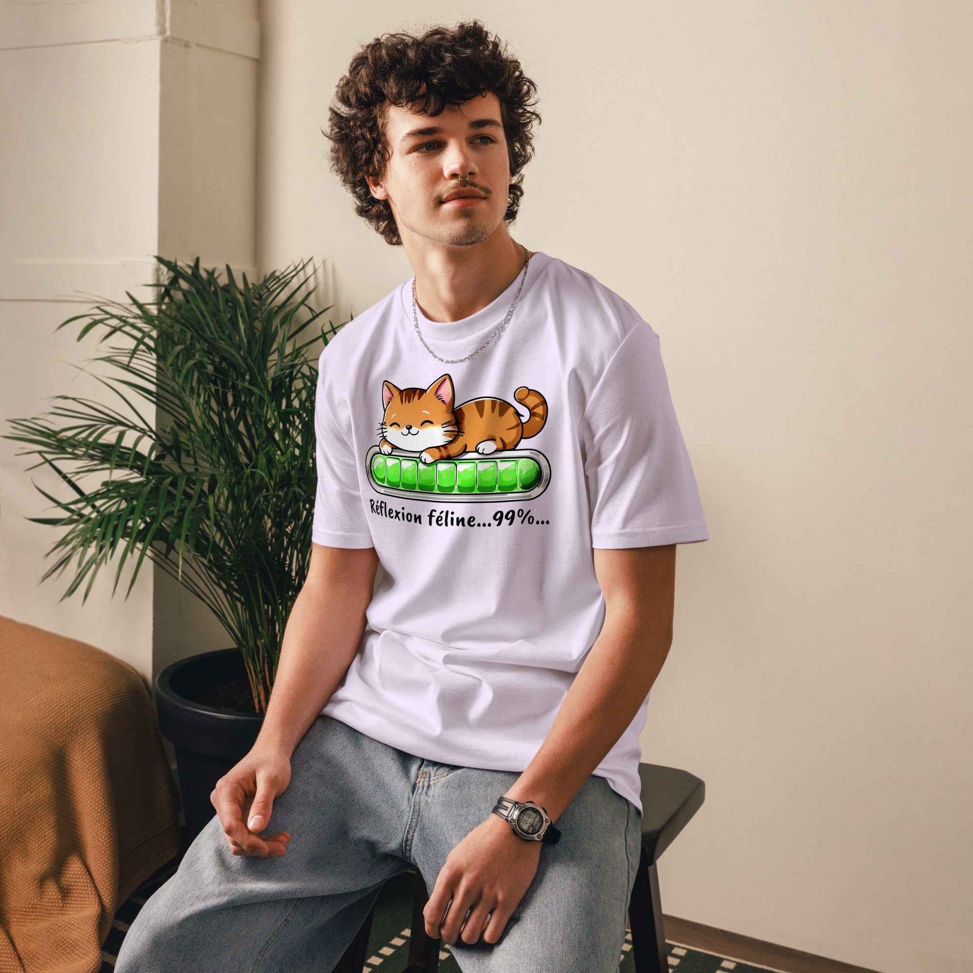t-shirt-durable-homme-lavande-chat-réfléchit