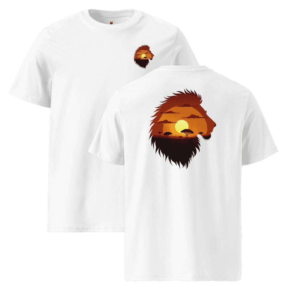 T-shirt exception blanc unisexe vue de dos et de face avec le design Lion Sunset