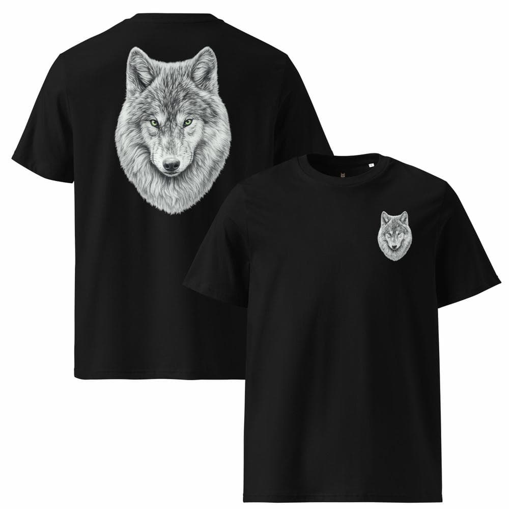 Flat lay des vues recto et verso du T-shirt Exception noir Instinct Émeraude sur fond blanc. Matière bio premium et design artistique intégral pour un style exclusif et éco-responsable.