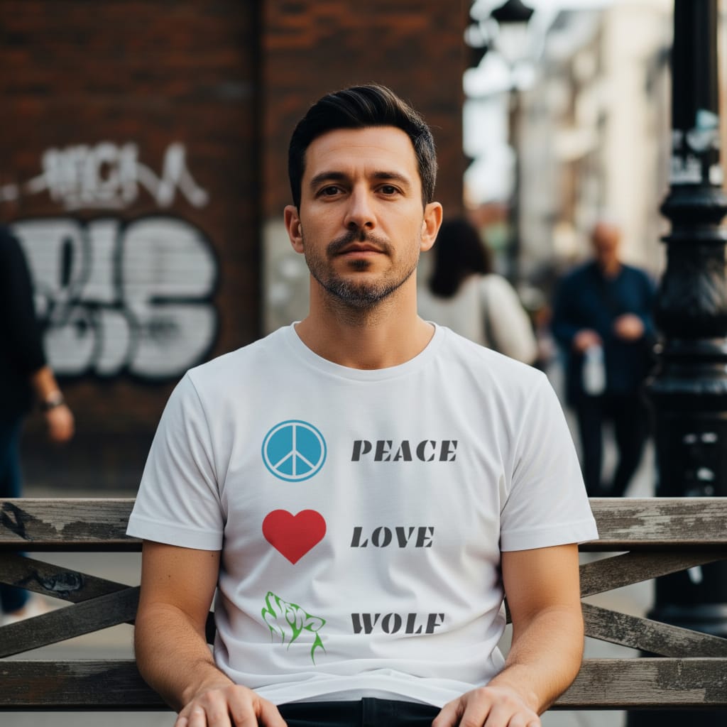 t-shirt homme blanc durable peace love wolf