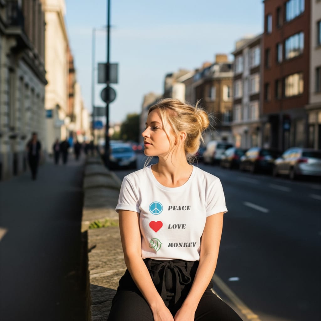 t-shirt premium blanc peace love monkey