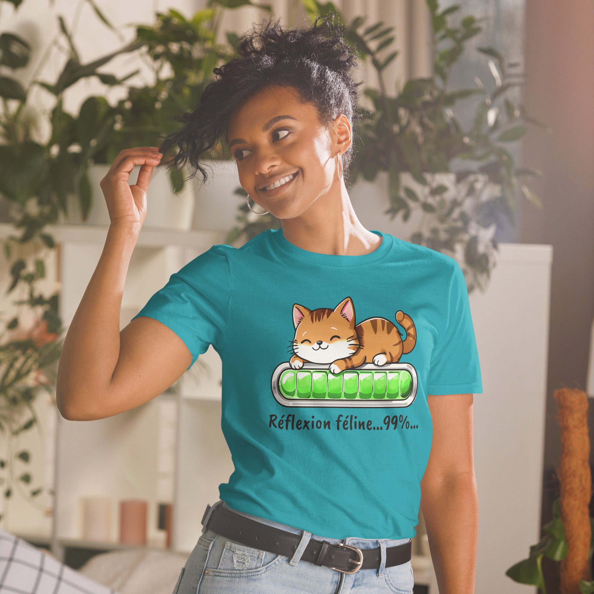 t-shirt-softstyle-femme-turquoise-chat-réfléchit