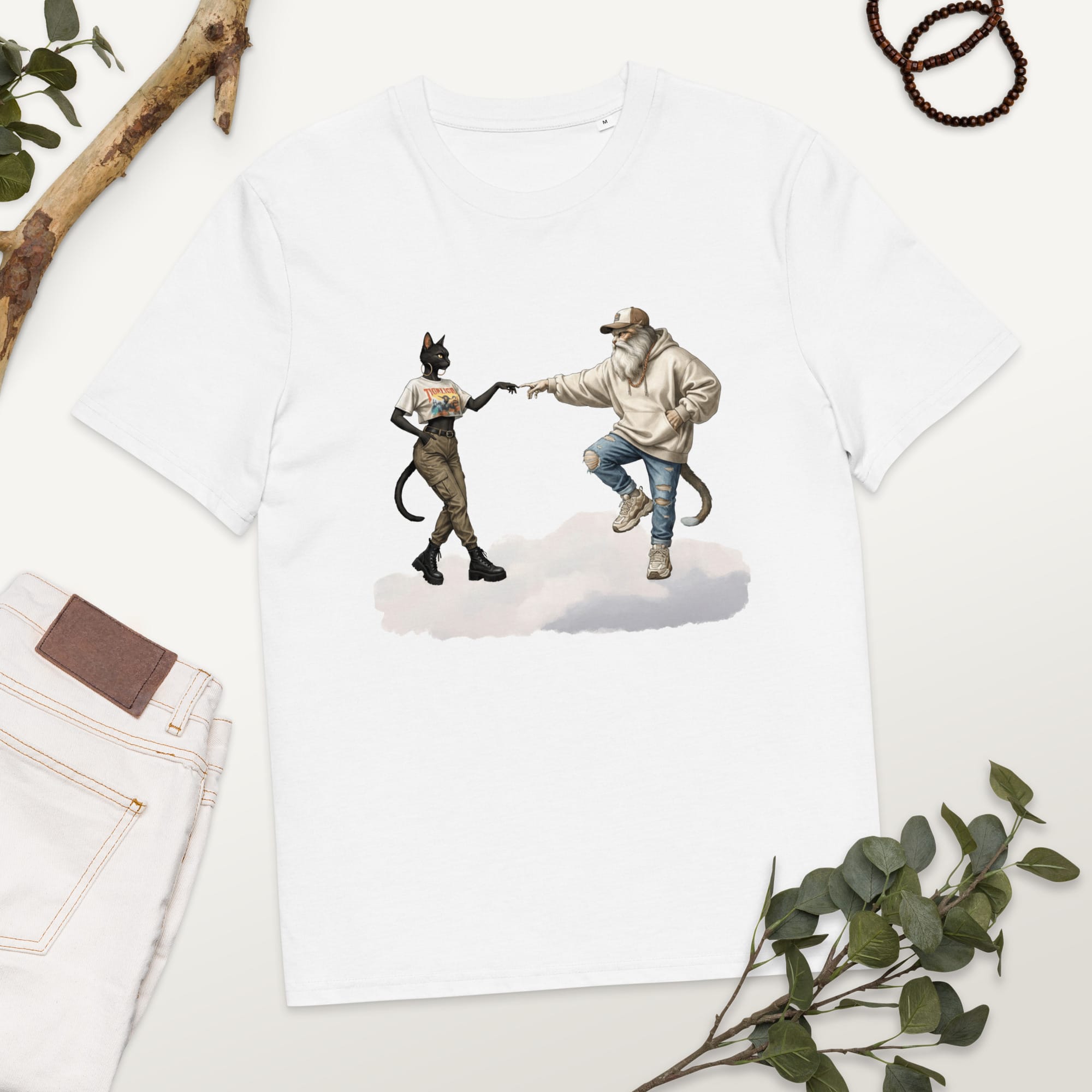 t-shirt blanc avec l'imprimé The Divine Feline Streewear