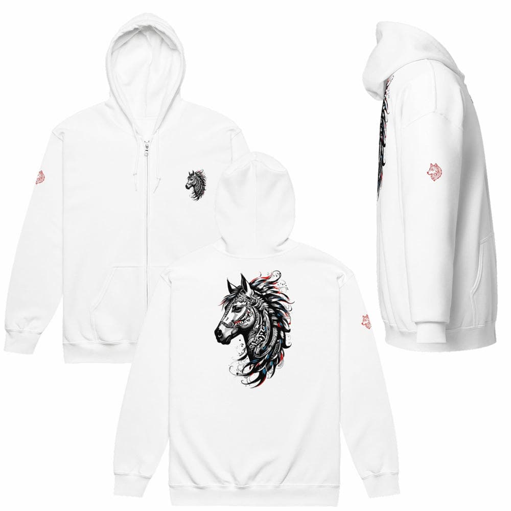 Vues de face, de dos et de côté du Hoodie zippé Alpha blanc, révélant le design équin tribal intégral. Finitions exclusives Mister Felpatee.
