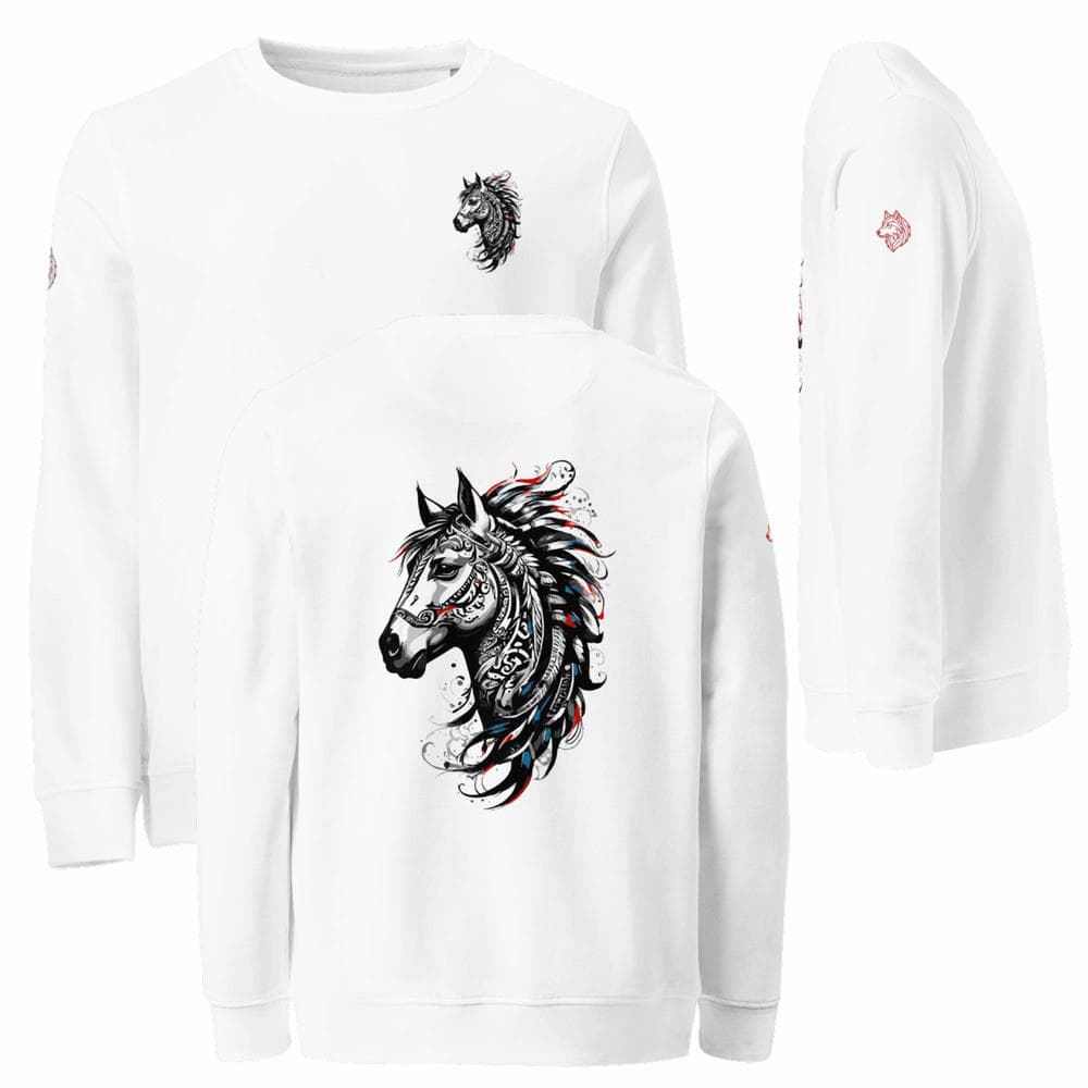 Vues de face, de dos et de côté du sweat col rond Alpha blanc, mettant en avant le design équin tribal intégral 360°. Signature Mister Felpatee.