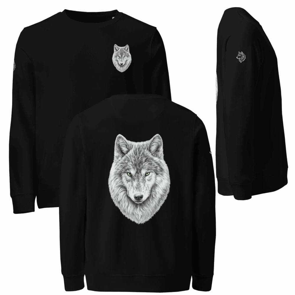 Flat lay présentant le Sweat Alpha noir Instinct Émeraude avec focus sur le design avant et le Sceau de la Meute sur la manche. Matière bio premium pour une pièce de collection élégante et éco-responsable.