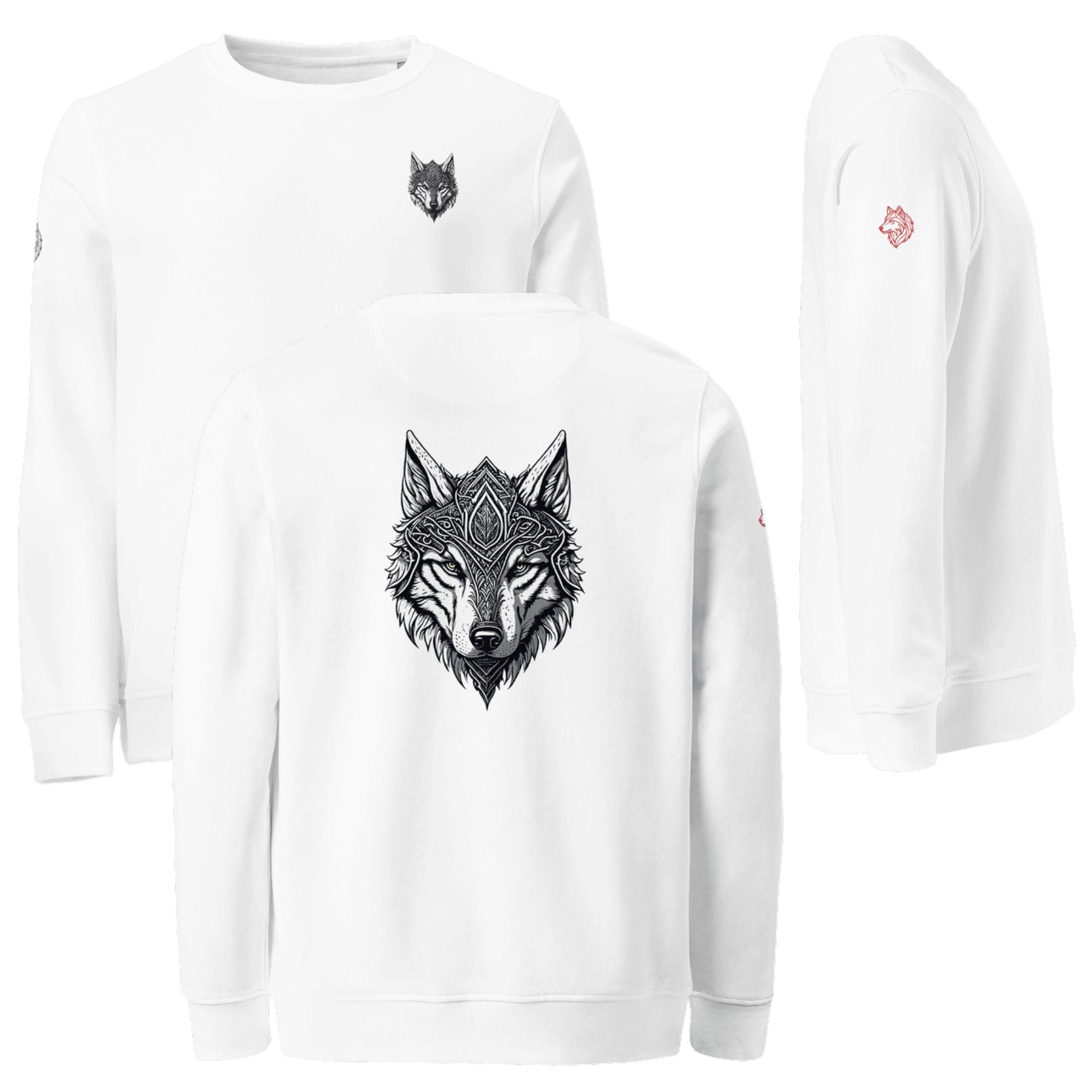 Vues de face, de dos et de côté en studio du sweat col rond Alpha blanc, mettant en avant le design Loup Gardien Runique intégral 360°.