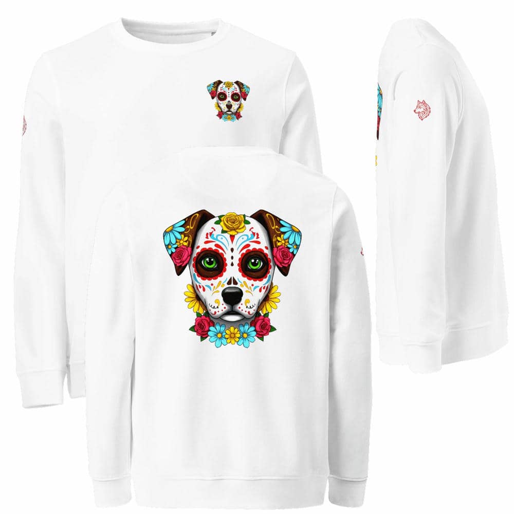 Sweat unisexe Alpha blanc vue de face, de dos et de côté avec le design Chien Calavera by Felpatee