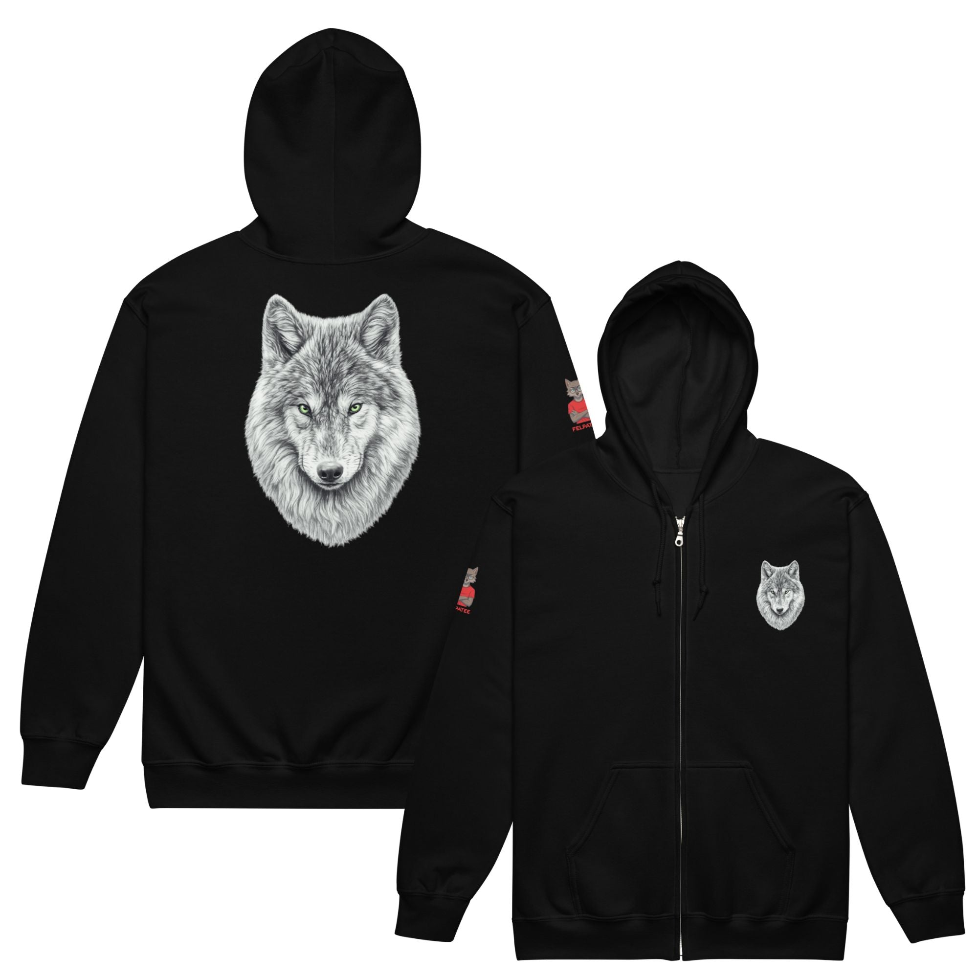 Flat lay sur fond blanc présentant les vues avant et arrière du Hoodie Zippé Alpha noir Instinct Émeraude. Une pièce éco-responsable au design exclusif by Mister Felpatee avec une illustration de loup détaillée et finitions premium.